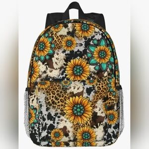 Sunflower Backpack Large Bookbag Shoulder Bag Teal Turquoise Cow Ocelet Cheetah